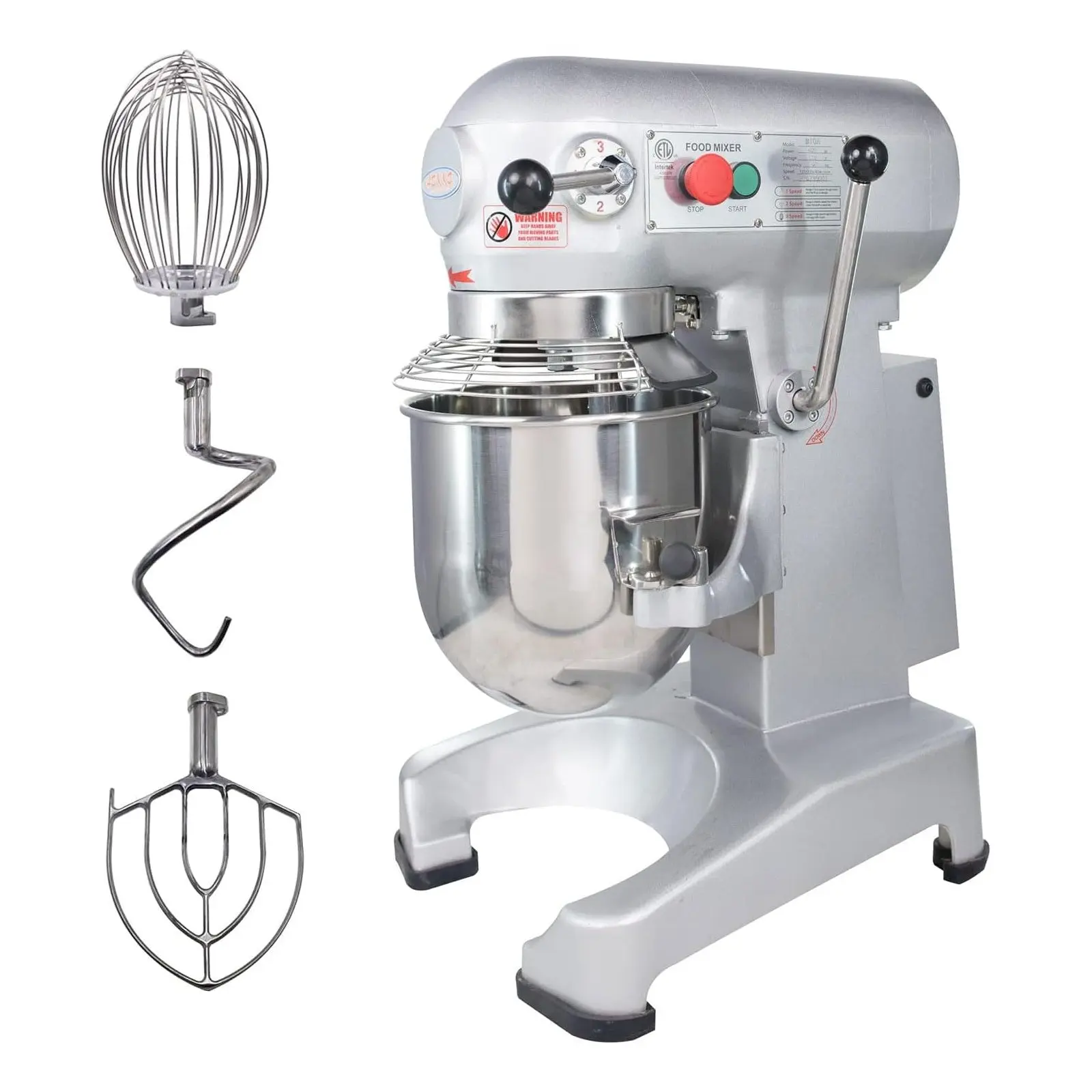 Hakka 10QT Commercial Planetary Stand Mixer, 500W 3-Speed Knob Control for Restaurants, Built-in Timer, Automatic Shut-Off, 1.5 kg Flour Capacity, ETL Certified, Dough Hook, Flat Beater & Wire Whisk for Food Preparation Tasks, Modern