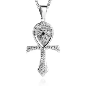 CZ Eye of Horus Egypt Protection Pendant Coptic Ankh Cross Religious Stainless Steel Necklace