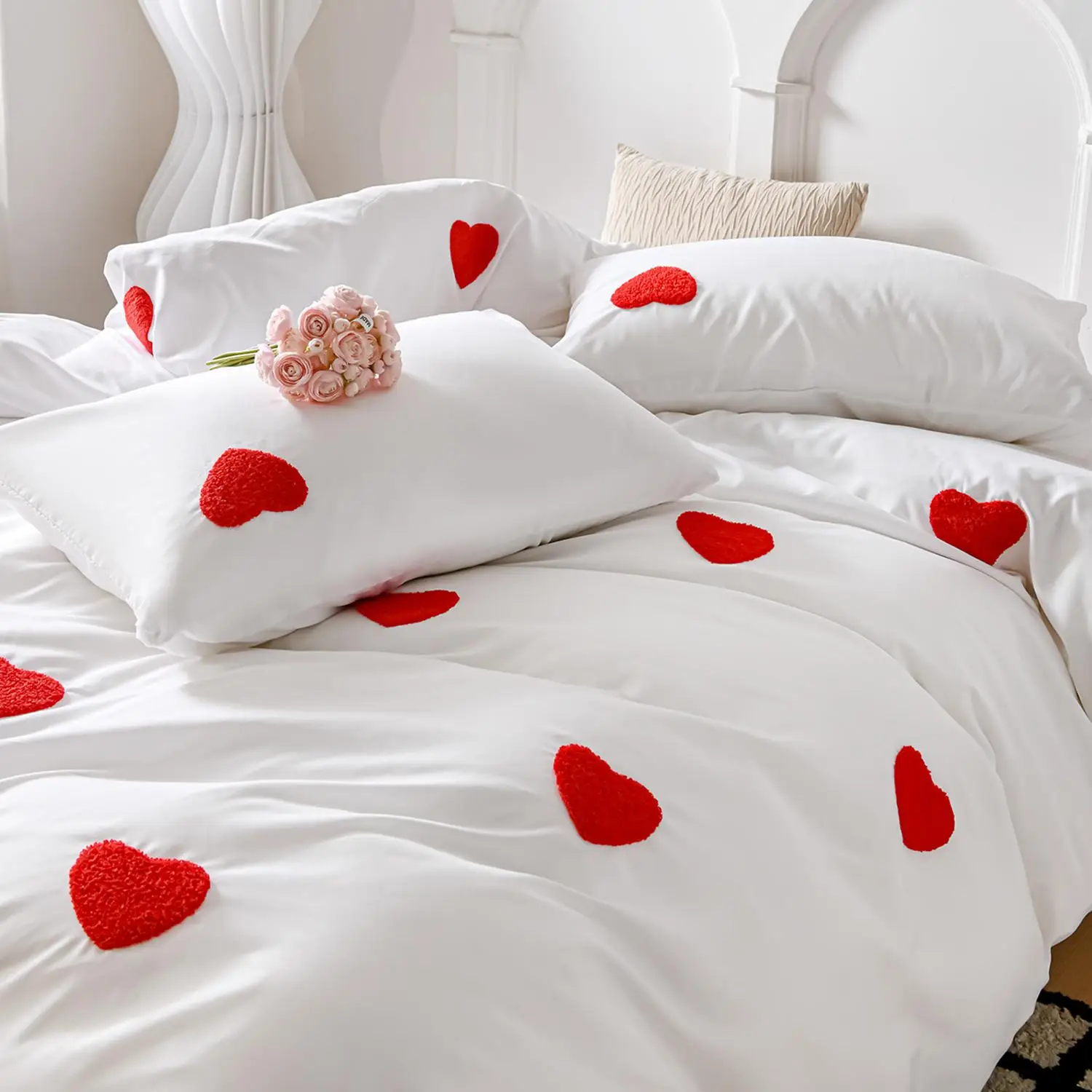 Romance Heart Embroidery Print Duvet Cover & Pillowcase Set without Filler, Christmas Decor Soft Comfortable Bedding Set, Comfy Bed Sets, Comfy Bed Ac