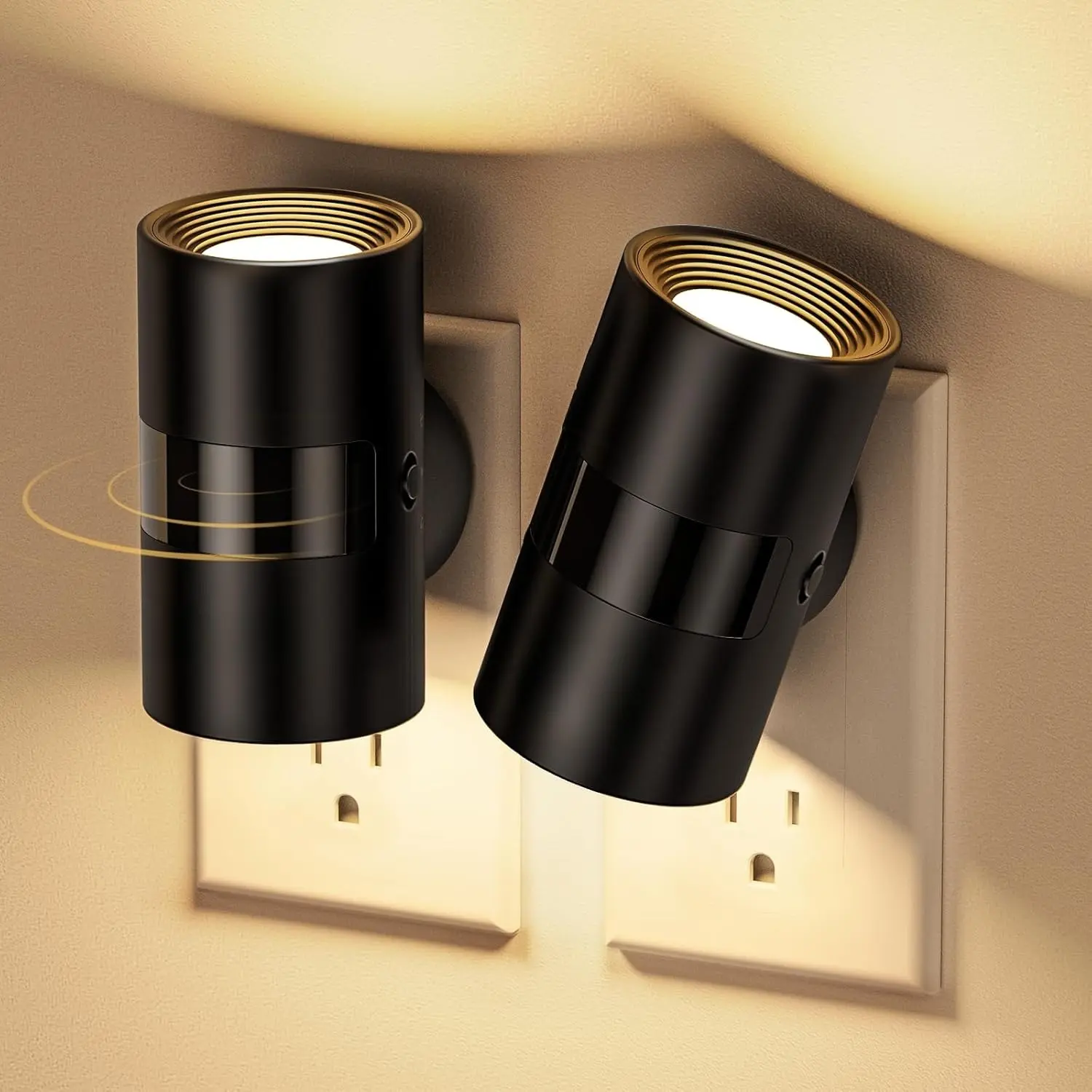 X-DLP05 Black Vintage Plastic Tube LED Night Lights Plug-in Wall (2-Pack) - Dimmable, Motion Sensor, Dusk to Dawn, Rotatable, 1-100LM Warm White for Bedroom, Hallway