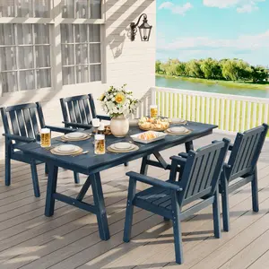 66.9" Outdoor Dining Table for 4-6, Heavy Duty HDPE Garden Table with Umbrella Hole, Sturdy Aluminum Triangular Frame, Weatherproof Large Patio Table for Backyard, Poolside and Deck, Navy