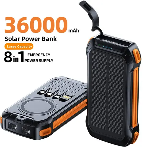 36000mAh Shockproof Rugged Solar Mobile Battery Power Bank, 22.5W Fast Charge, QC3.0 High-Speed Charging, Wireless, USB-C & 4 Ports, 2 LED Flash Light, Outdoor Emergency Pack (Back to School, TikTok Shop Back to School Haul)