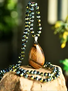 Vintage Tiger Eye Teardrop Natural Stone Pendant Long Necklace, Handmade Knotted Crystal Beaded Chain, Sparkling Luxury Gift for Special Occasions, Boho Chic Crystal