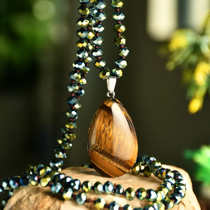 Vintage Tiger Eye Teardrop Natural Stone Pendant Design Long Necklace, Handmade Knotted Crystal Beaded Chain, Sparkling Luxury Gift for Special Occasions, Boho Chic Crystal, Fashion Accessory Necklace, Crystal Jewelry Gift