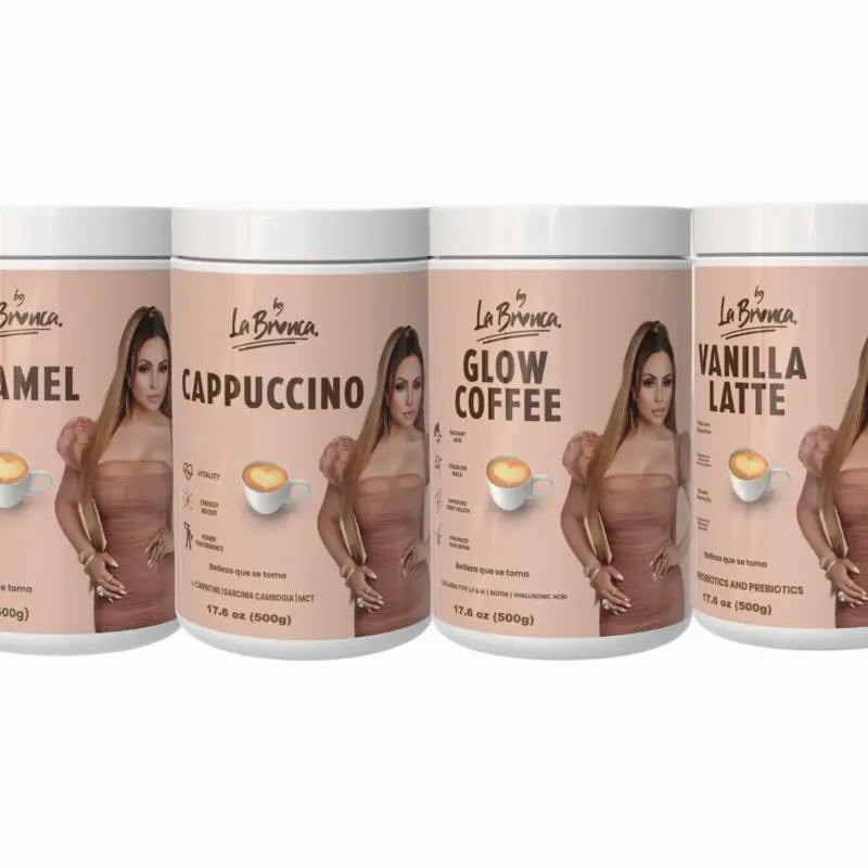 By La Bronca 4-Flavor Instant Coffee Beverage Bundle - Caramel, Cappuccino, Vanilla Latte, Glow Coffee Collagen Supplement