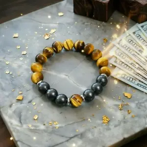 Father's Day Sale Natural Hematite & Tiger Eye Beaded Bracelet, Energy Stone for Negative Energy Blocking, Wealth & Luck Attraction, Unisex Elastic Crystal Bracelet for Daily Spiritual Support