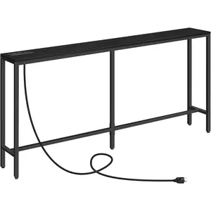 63" Console Table with Power Outlet, Narrow Sofa Table, Industrial Entryway Table with USB Ports, Behind Couch for Entryway, Hallway, Foyer, Living Room, Black CTHB16E01