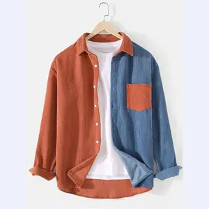 Men's Corduroy Colorblock Collar Casual Fashion Long Sleeve Shirt Jacket, Versatile Daily Wear Outerwear for Men