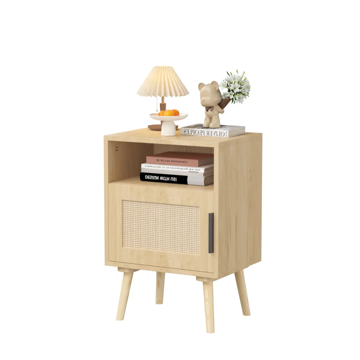 Boho Rattan Nightstand - Handmade, Contemporary, Decorated Dual-Use Flat-Top Bedside Table with Drawer, Open Shelf, Oak Wood-Texture & Solid Wood Legs for Bedroom, Living Room, Contemporary Bedside Tables, Decorated Bedside Tables