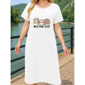 Women's Black White Red Casual T-Shirt Dress with Sloth Need More Sleep Print Made of Jersey Fabric for All Seasons Stylish Sexy Summer Home Pajama Dress for Wives Mothers to Wear as Pajamas Knitting Loungewear  Comfy Elegance Feminine Nightie