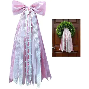 Wreath Bows for Front Door, 3.9 x 24 Inch Pink Ribbon Bow Coquette Girls Room Decor, Wreath Sash Tree Topper Bows for Christmas Valentine's Day Birthday Baby Shower Bachelorette Party Decorations
