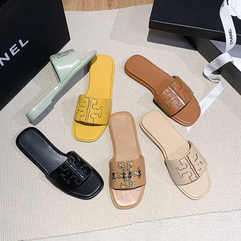 TB leather slippers, American women's slippers, famous brand slip-on slippers, fashionable plus-size European and American cross-border flat slippers for women
