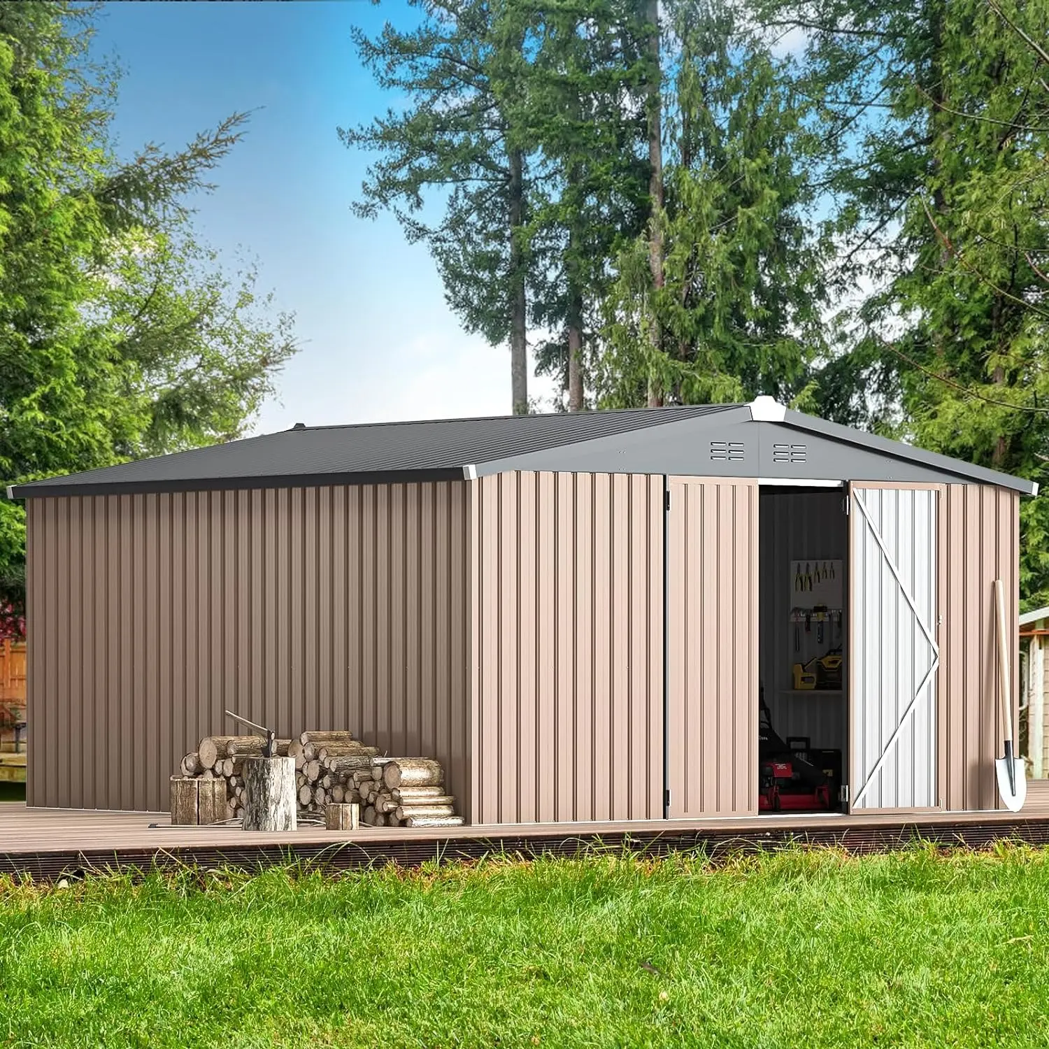 【3 Packages arrived at different times】12'x12' Heavy-Duty Steel Storage Shed - Large Outdoor Utility Shed with Lockable Doors for Backyard, Garden & Patio Storage (144 Sq.Ft)