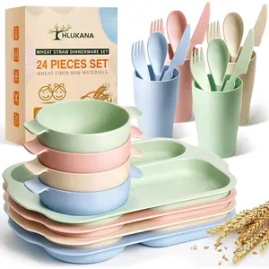 A24 Pcs Wheat Straw Dinnerware Cutlery Set, Unbreakable Tableware Set, Including Kids Toddlers Divided Plates, Bowls, Cup, Cutlery Spoons Knifes Forks, BPA Free, Microwave Dishwasher Safe