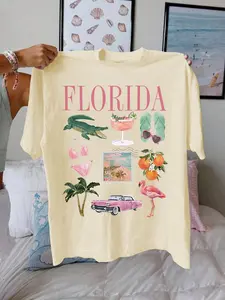 Women's Florida Print Round Neck Tee, Trendy Casual Short Sleeve T-shirt for Daily Wear, Ladies Summer, Cartoon Print Tee, Casual Fashionable Top, Top
