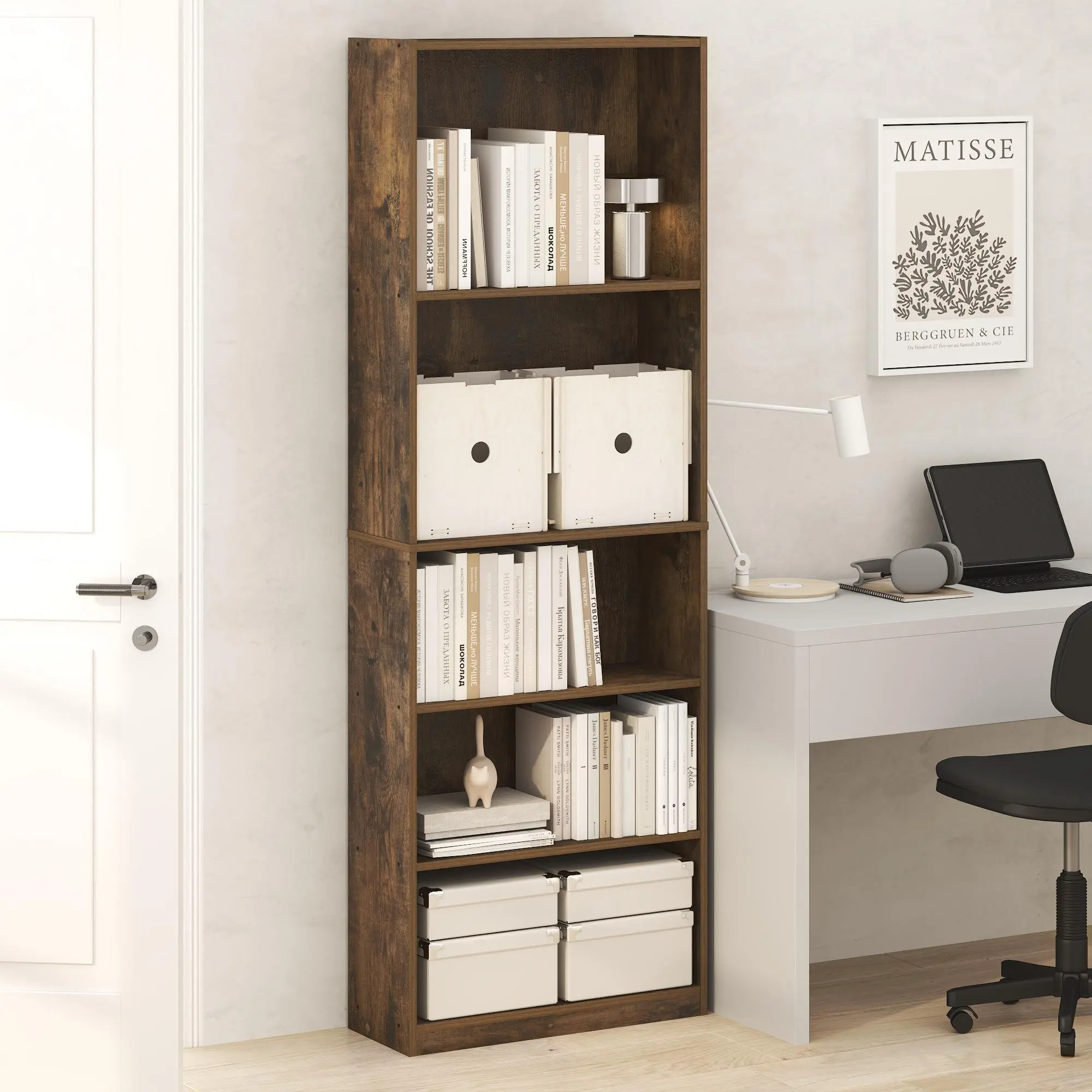 JAYA Rectangular 5-Tier Single Unit Bookshelf - 9.0x24.6x71.1in Amber Pine Space-Saver Indoor Furniture for Home Office, Living Room Organization
