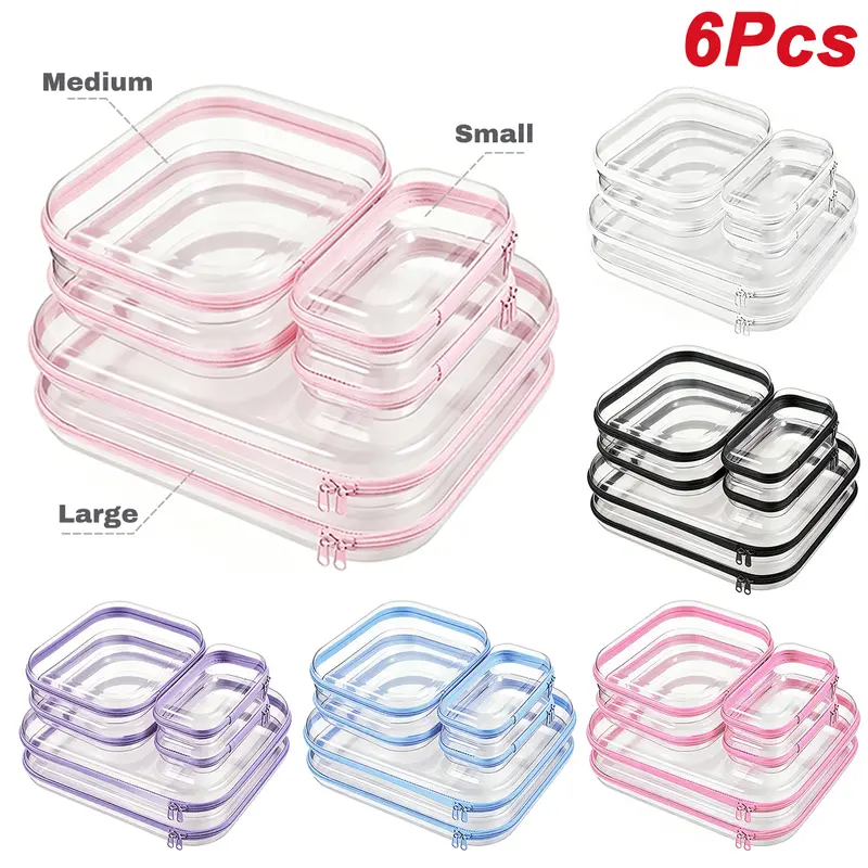 6Pcs White Pink Clear Hard Shell Zipper Case Plastic Zipper Pouches Transparent Makeup Bag for Tools Small Objects Girl Stuff Portable Travel Organizer Set Jewelry Box Toy Storage Bins Trinket Storage Organizer Box Large Medium Small