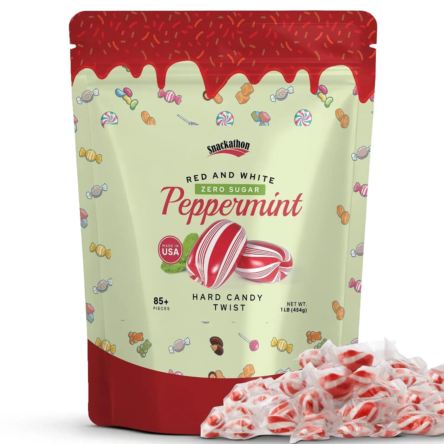 Snackathon Sugar-Free Cylinder-Shaped Twists Hard Candy, Bulk Individually Wrapped, Red & White Peppermint Twists, 1 Pound