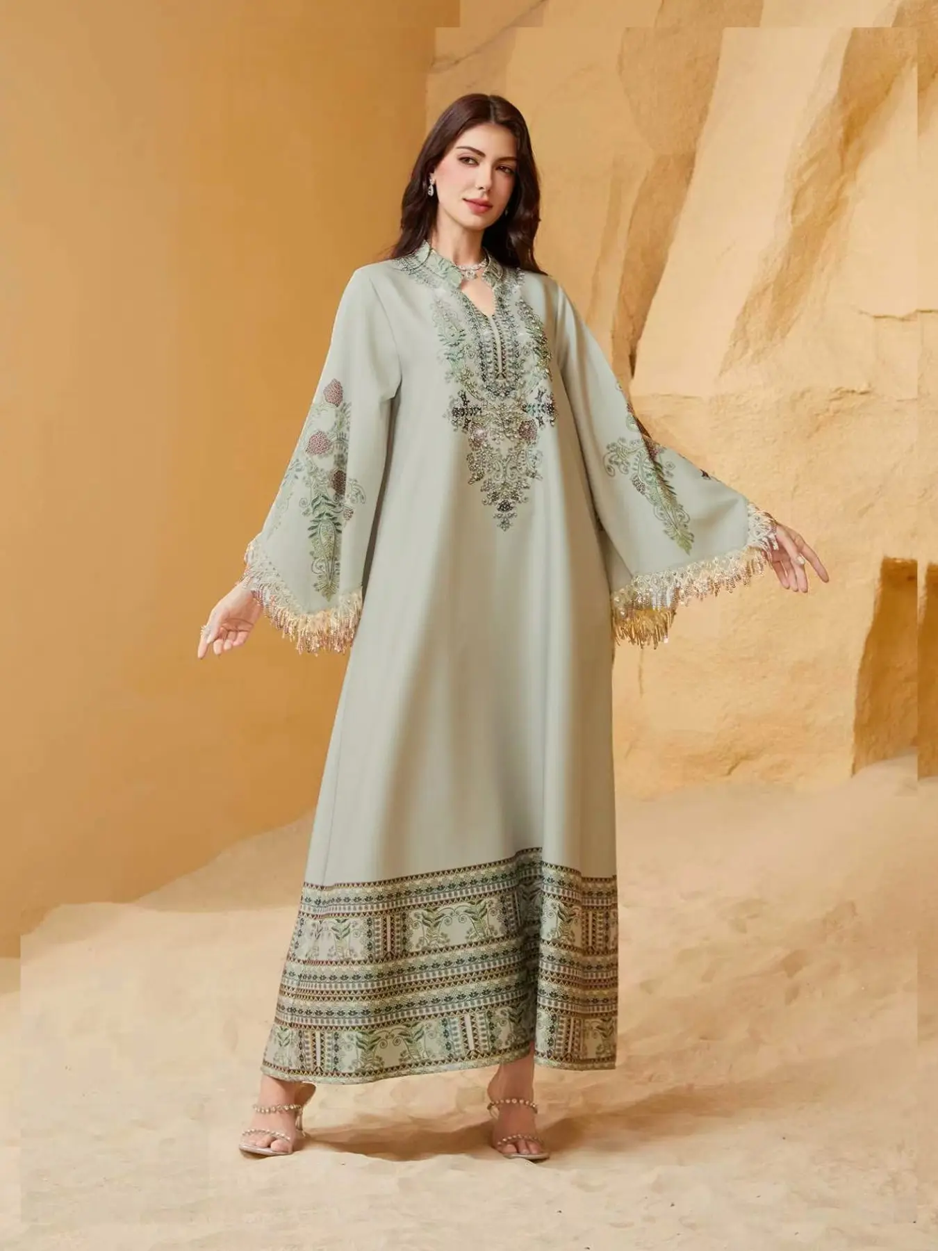 loose fitting long sleeve dresses Women's Elegant Long Dress, Loose Fit Ethnic Print, Long Sleeve, Lace-Up  Design, All-Season Wear, Perfect for Evening Occasions & Special Events,  Dresses for Party