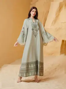 Women's Elegant Long Woven Dress, Long Sleeve, Loose Fit Ethnic Print, Lace-Up Design, All-Season Wear, Perfect for Formal Evening Occasions & Special Events