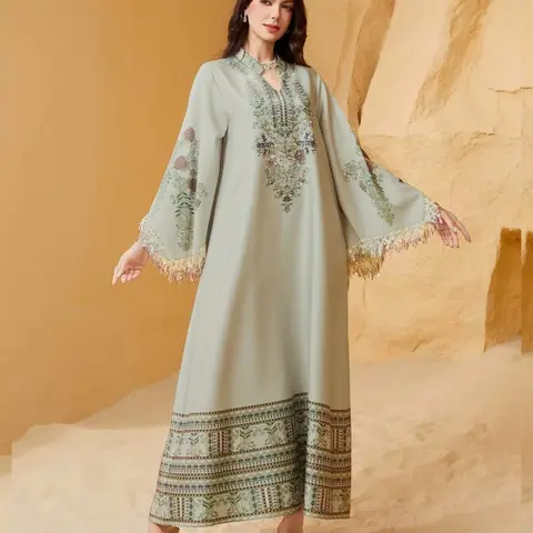 Women's Elegant Long Dress, Chic Elegant Formal, Loose Fit Ethnic Print, Long Sleeve, Lace-Up Design, All-Season Wear, Perfect for Evening Occasions & Special Events, Dresses for Party