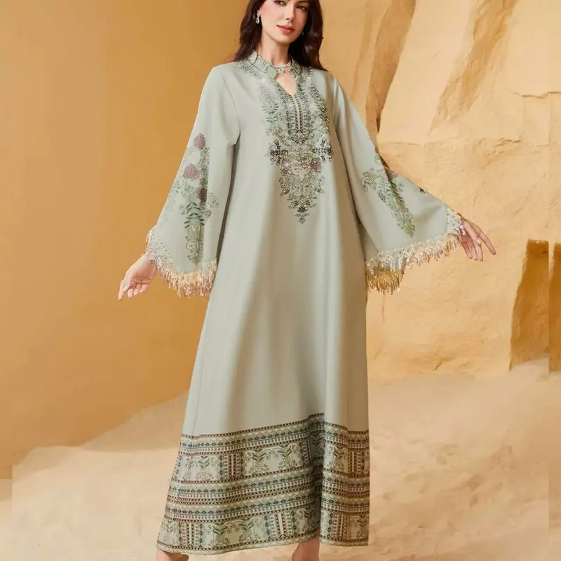 Women's Elegant Long Dress, Chic Elegant Formal, Loose Fit Ethnic Print, Long Sleeve, Lace-Up Design, All-Season Wear, Perfect for Evening Occasions & Special Events, Dresses for Party