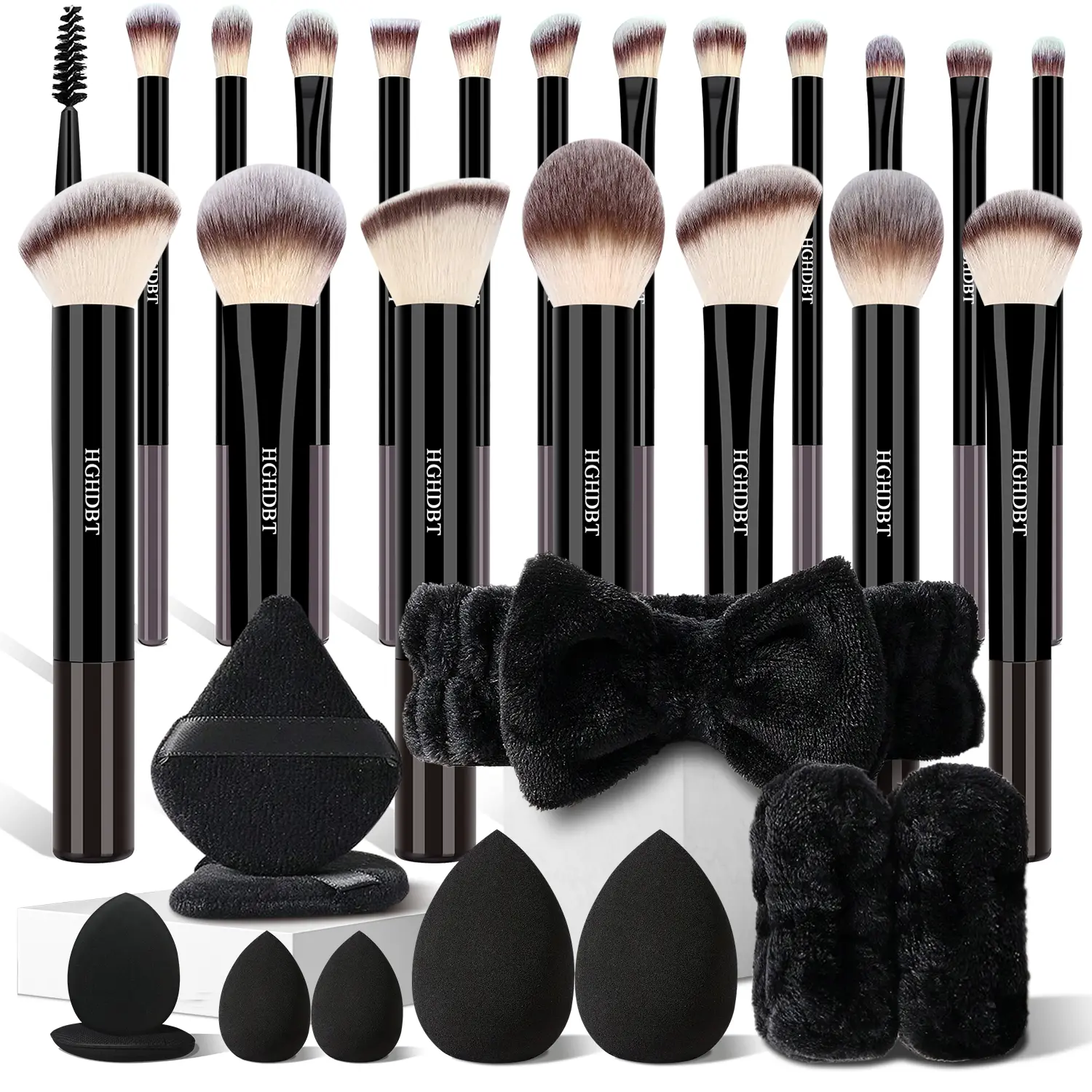 Luxury Black 31-Piece Brush Kit-Makeup Brush, Makeup Sponges, Triangle Puffs, Water Drop Finger Puffs, Headband, Wristbands for a Perfect Makeup Routine