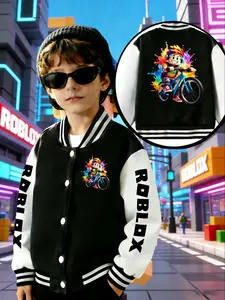 Roblox Boys' Spring & Fall Casual Creative Series Jacket, Short Baseball Vest, Comfortable Sports Leisure Outerwear, College Style Gift
