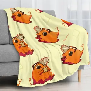 Chainsaw Man Pochita Cute Pattern Flannel Blanket Light Yellow with Adorable Pochita Eating Toast Repeated in Playful Design for Fans