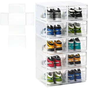 Large Shoe Boxes Clear Plastic Stackable,Drop Front Shoe Box with Clear Door, Shoe Containers For Sneaker Display,Fit up to  Size12 (white clear-Conjoined structure, 10 pack)