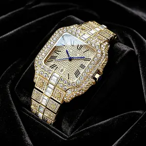 Unisex Full Gold Diamond Watch, Square Case with Roman Numerals, Starry Sky Dial, Premium Sparkling Wristwatch for Gifting