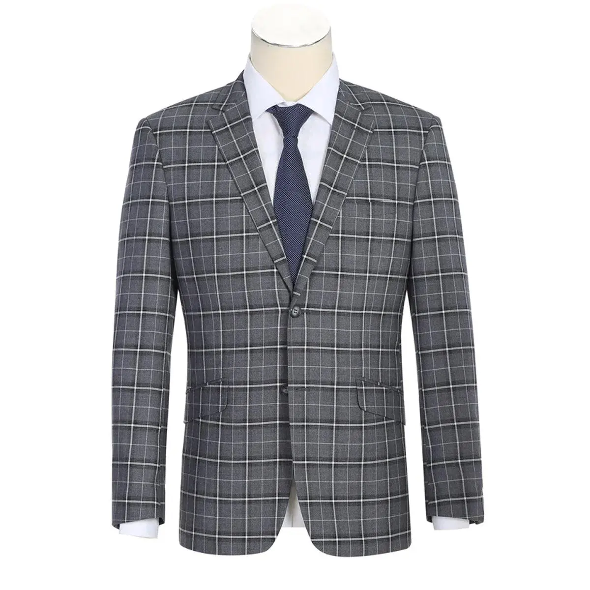 Mens Two Button Slim Fit Two Piece Suit in Charcoal Grey Bold Windowpane Plaid