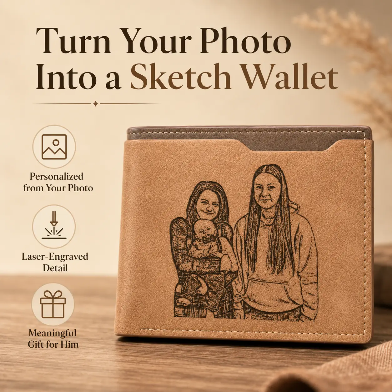 Personalized Photo Sketch Wallet, Custom Engraved PU Leather Wallet Gift for Dad, Husband & Boyfriend