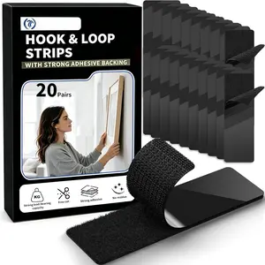 20 Sets Double Sided Tape Heavy Duty Black Hook and Loop Tape, 1x4Inch Adhesive Strips - Secure Mounting for Rug Poster Artwork Mirror  Couch Cushion Wall, Indoor & Outdoor