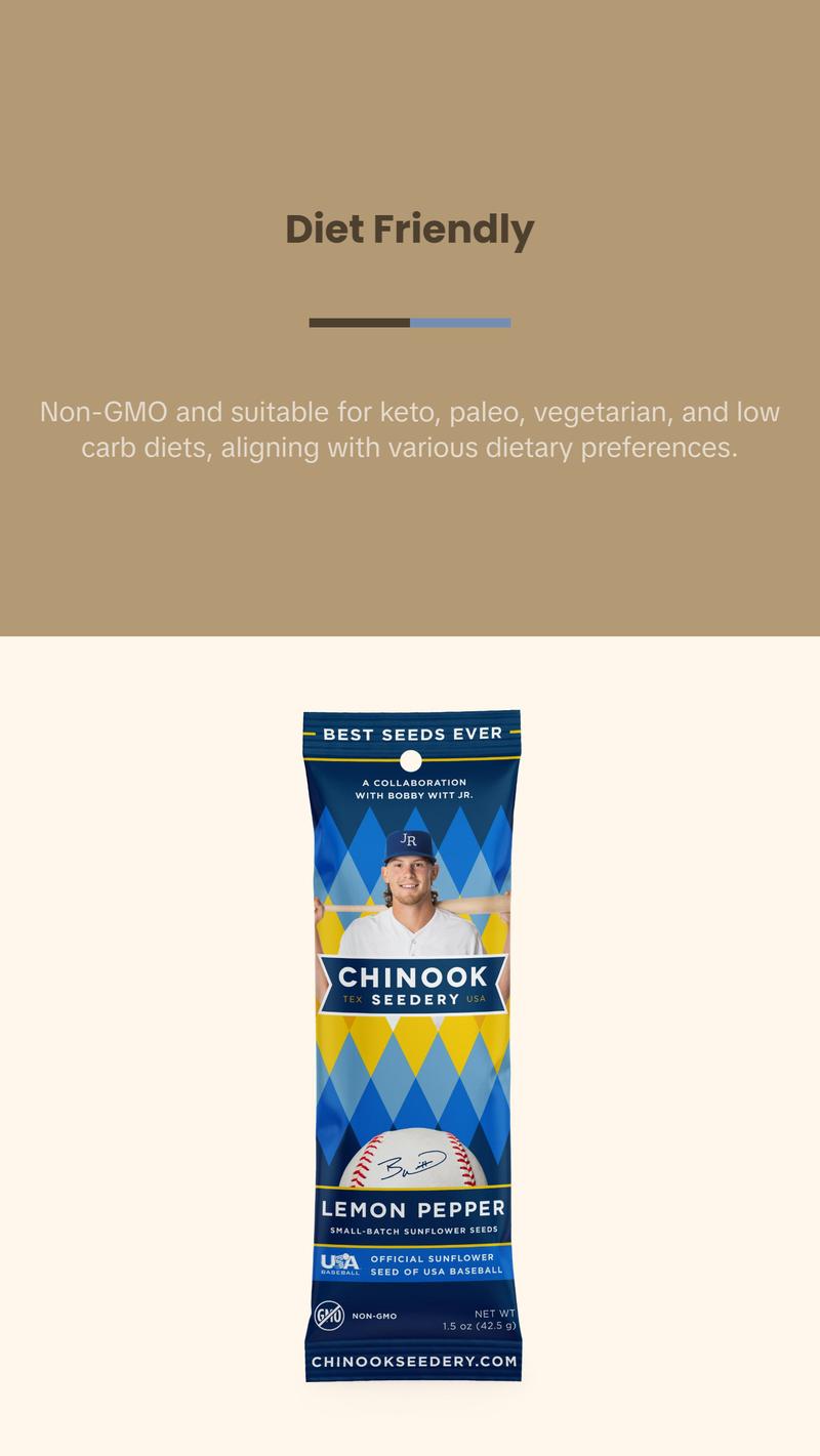 CHINOOK Variety Pack Sunflower Seeds 36-pack (1.5oz bags) – Keto Snacks, Gluten-Free, Non-GMO, Low Sodium, High Protein, Great Snack