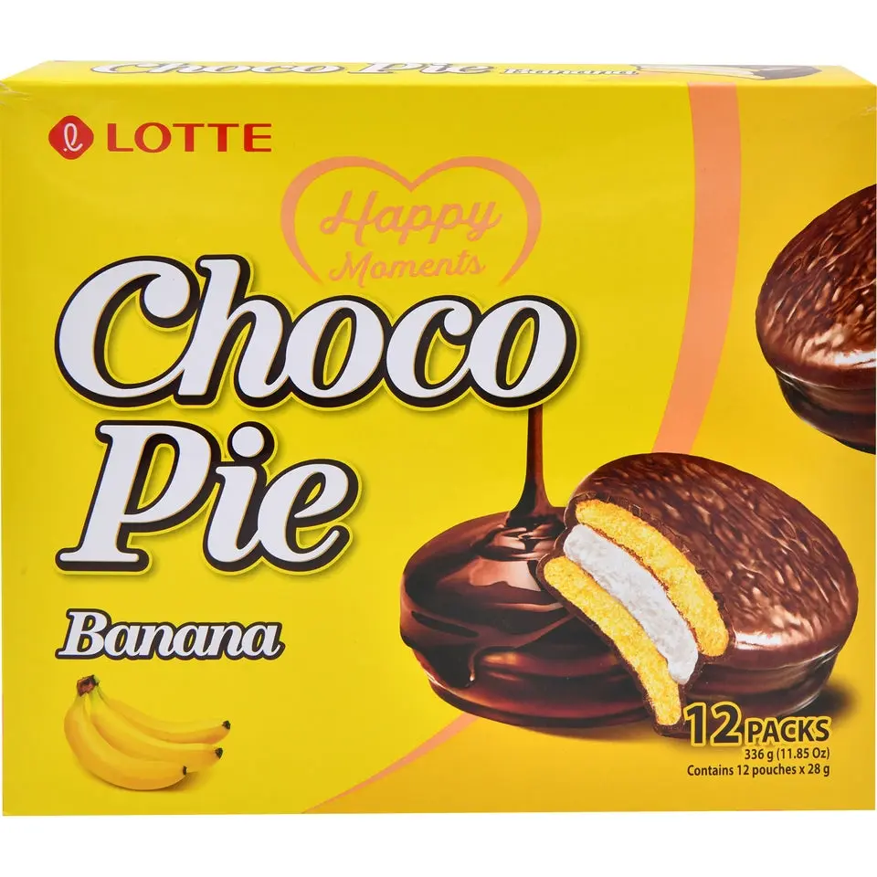 Lotte Banana Flavor Choco Pie - Egg-Containing Biscuit-Inspired Snack Cakes, Sweet Rich Chocolate Creamy Ambient Dessert, 11.85oz Casual Snacks Perfect Treat, Perfect Snack Treat