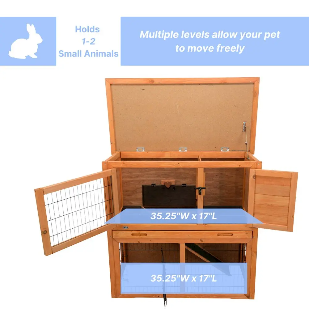 2-Story Medium Weatherproof Wooden Small Animal Hutch - Glazed Wood Finish, Coated Metal Cage, Hinged Roof, Interior Hatch Door, Outdoor Use, Holds 1-2 Small Animals, 40.75x20.5x38.2in, 57lbs