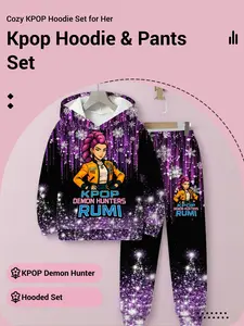 Adorable Girl Kpop Demon Hunters 3D Printed Hoodie Set, Pants, Comfortable Fashion Long Sleeve Pullover, Perfect for Spring Fall Winter Seasons