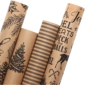 Christmas Wrapping Paper, 4 Rolls Vintage Christmas Gift Wrapping Paper, Brown Kraft Paper with Black Pattern, 17 x120 inch(10ft) Per Roll