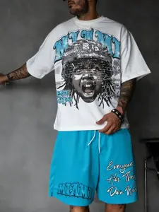 Men's Summer Casual Human Print T-Shirt & Slogan Printed Shorts Set, Loose-Fitting Hip Hop Style, 2-Piece Graphic Letter Print