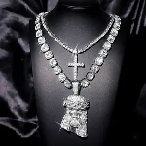 Jesus Head & Religious Cross Pendant Full Diamond Hiphop Style with Exquisite Sugar Cube Chain for Men Women Daily Wear