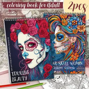 2-Piece Adult Coloring Books - Vibrant Terrible Women & Sugar Skull Themes, High-Quality Thick Paper, Beginner-Friendly Spiral Bound Designs for Mindfulness, Leisure, and Fun - Perfect Holiday Gift for Men & Women