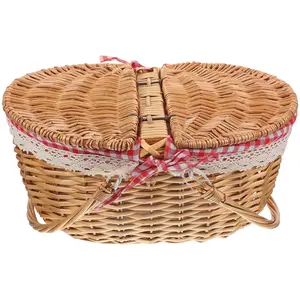Wicker Picnic Red Grid Decorative Baskets For Home Decor Portable Storage Woven Basket Home Decor Gift Rustic Woven Handles