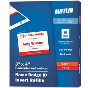 Mifflin-USA Name Badge Inserts, 3"x4" or 4"x3" Badge Inserts (120 Cardstock Refills, 20 Sheets), Compatible with Inkjet, Laser Printer, and Printable Badge Inserts
