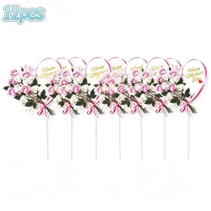 12Pcs Pink Happy Mother's Day Cake Toppers Mom Letter Cupcake Toppers Food Grade Cake Decor for Mother's Day Party Favors and Celebrations