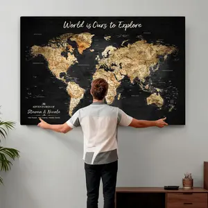 Personalized World Map Print | Customize Map with Push Pin Canvas on Foam Board | Grunge Maps Prints for Wall Decor