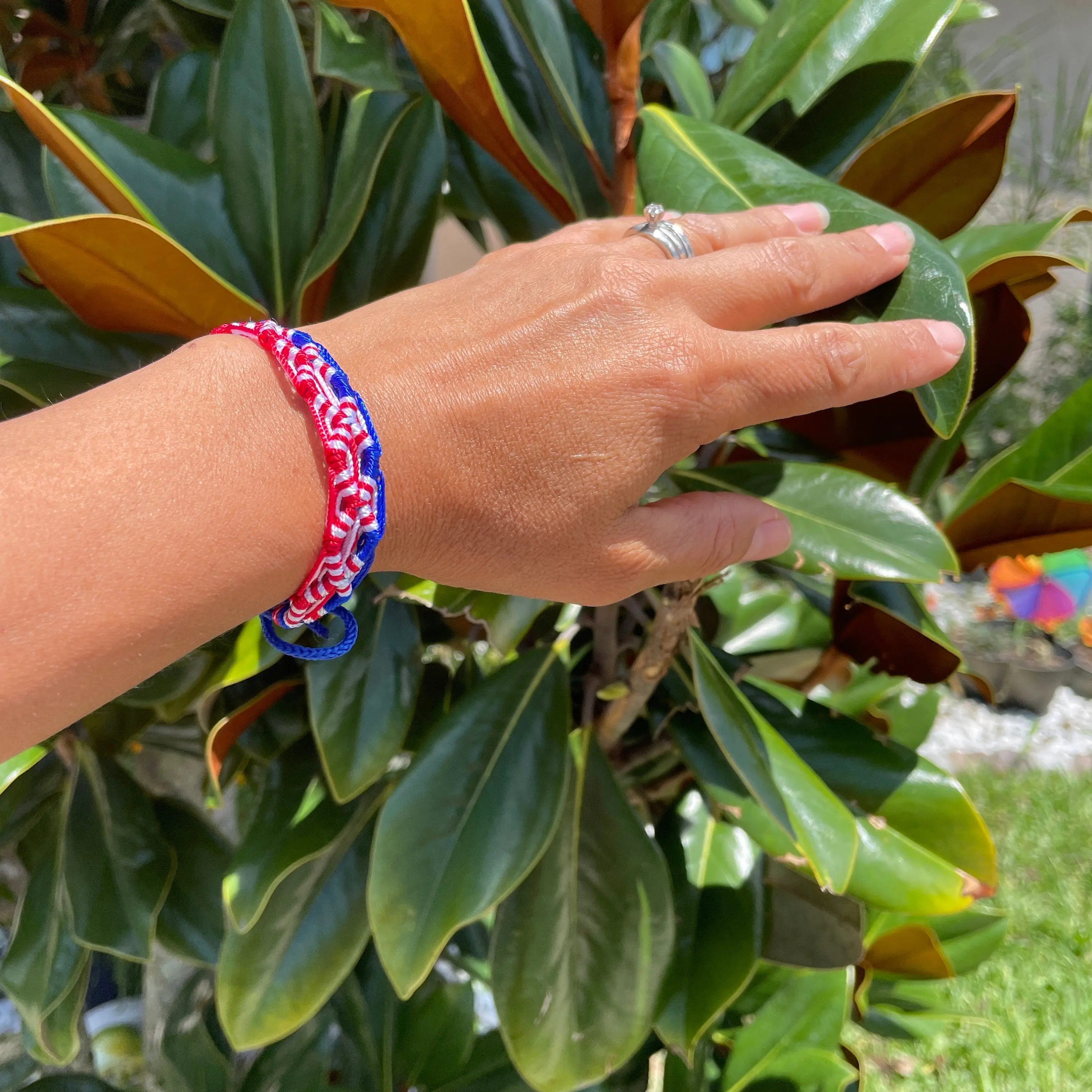 Unisex American Flag Ethnic Friendship Bracelet - Handmade Geometric Cotton Blend, 2-3 Knots, Adjustable Tie-Knot Closure (5"-8") for 4th of July Independence Day