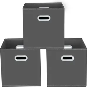 Storage Bins Cubes, Fabric Cube Organizer with Handle, Foldable Cube Bins for Cloth or Accessary Storage, 11x11x11, Set of 3,(Gray)
