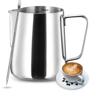 Milk Frothing Pitcher,  12oz/350ml Milk Frother Cup 304 Stainless Steel Milk Steamer Cup with Scale, Espresso Machine Accessories, Milk Pitcher with Art Pen for Cappuccino Coffee Latte Art
