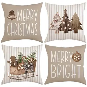 4pcs Christmas simple Nordic Christmas pattern single-sided pillowcase without core Retro style square suitable for living room bedroom home winter home decoration single-sided printing without pillow core
